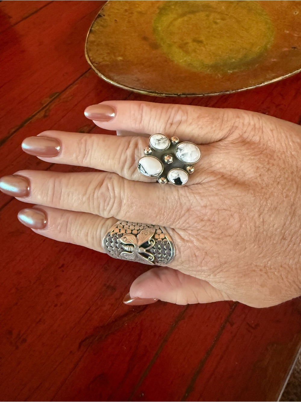 Sterling Silver White Buffalo Cluster Ring - Adjustable solid silver back.